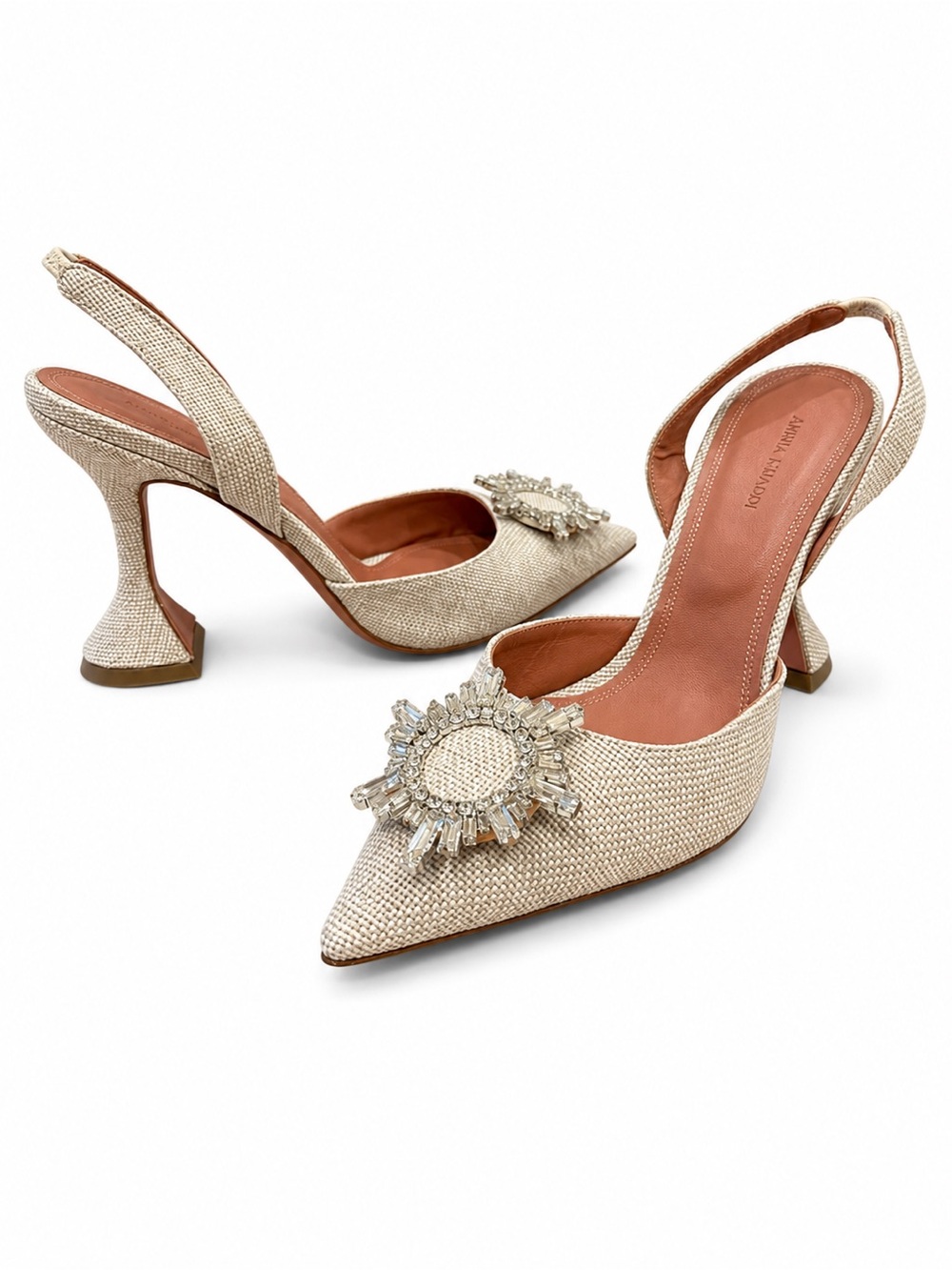Amina Muaddi Begum Slingback Pumps Crystal Beige Linen Fabric Heels EU 41 US 11